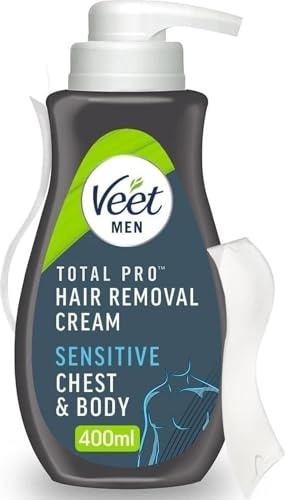 Veet Männer Haarentfernungscreme 400ml Empfindliche Haut Haarentfernungscreme für Männer Brust und Körper Haarentferner Hydratisiert Keine Schnitte Haarentfernung Glatte Haut