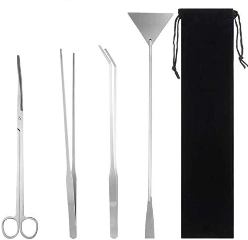 RosewineC 4 Stück Aquarium Aquascaping Tools,Edelstahl Aquarium Werkzeug Pflegeset Pinzetten Schere Spatel Werkzeug mit Schwarzen Aufbewahrungstasche Aquarium Reinigungsset für Aquarium Starter Kit