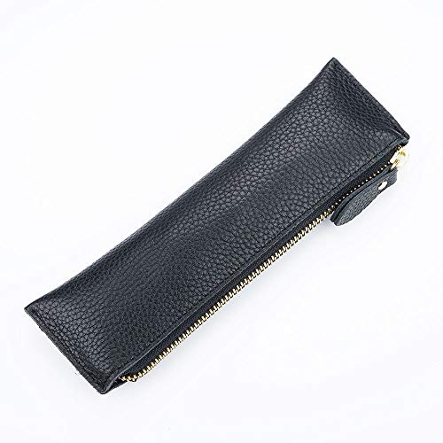 Federmappe aus Leder mit Reißverschluss, PU Schreibwarenbeutel, Stifteetui Halter für Schreibwaren, Kunst, College, Büro, Make-up Pinsel (1 Stück, schwarz)