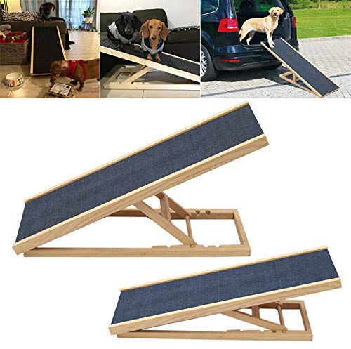 QiMu Haustierrampe aus massivem Holz Auto-Hundeleiter, 2-fach höhenverstellbar mit rutschfestem Teppich Sicherheit für Haustiere, Holz-Hunderampe Oberflächenzugang Treppe, Hunderampe Leiter Autos