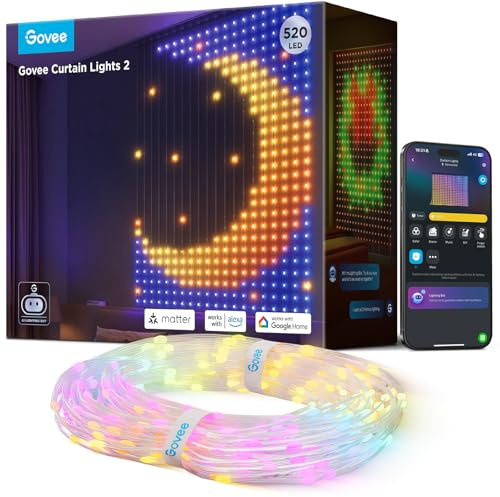 Govee Smart LED Vorhang 2.0 1,5x2m, RGBIC Curtain Lights, 520 LEDs | Kompatibel mit Alexa, DIY GIF, RGBIC Farbwechsel, Weihnachtsdeko, wasserfest, App-Steuerung