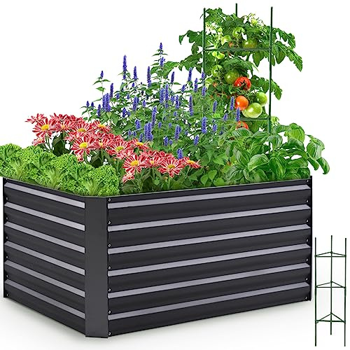 Quictent Hochbeet Metall 120 x 90 x 62cm, Kräuterbeet ohne Boden für Garten, Gemüsebeet Pflanzkasten Frühbeet mit Tomatenkäfigen,Grau