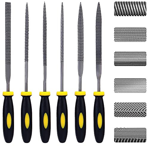 Nadelfeilen-Set, 6-teilig, Mini-Karbonstahlfeilen-Set mit Griff (klein) | inklusive flach/flach/flach/halbrund/quadratisch/rund/dreieckig, geeignet für Metall, Holz, Glas, Kunststoff