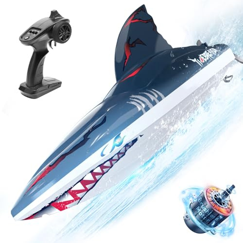 DEERC Ferngesteuerte Boote Bürstenlos RC Haiboot, 48+KM/H 3S Hochgeschwindigkeits, Selbstaufrichtendes 2.4Ghz mit LED Lichtern, Sommer Spielzeug Geschenk für Kinder, Erwachsene