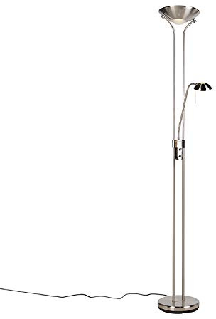 Qazqa led Modern Deckenfluter mit Lesearm, Stehleuchte, Stehlampe - Diva - Silber Farbe, Rund, inkl. 18W integrierter LED, dimmbar, 180cm, Ideal als Bürolampe und Schlafzimmerlampe