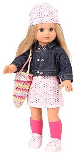 Götz 1490366 Precious Day Girl Jessica Colour & Lace Puppe 46 cm Stehpuppe | 10-tlg, für Kinder ab 3 Jahren, lange blonde Haare, blaue Schlafaugen, Outfit mit Jeansjacke, frisierbar, Weichkörper