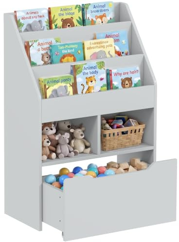 HOMCOM Kinderregal mit Schublade, 60 x 29,9 x 90 cm, Grau | 3-stufiges Bücherregal, 2 offene Fächer, Aufbewahrungsregal, Kinderzimmer, Spielzimmer