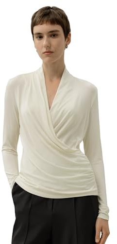 LilySilk Damen Seide Breeze Jersey Wickelbluse Weiches Dehnbares mit Langarm V Ausschnitt Wickelstyle für Jeden Tag Basic Wickeltop Langarmshirts Tshirt Langarmshirt
