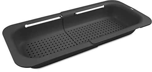 Fousenuk Ausziehbar Siebkorb Über der Spüle Schwarz, Sieb für Spülbecken (36-49cm), Waschbecken Filterablage, Erweiterbares Küchensieb, Spüle Seiher, Spüle Abtropfsieb für Spülen, Abtropfen, Auftauen
