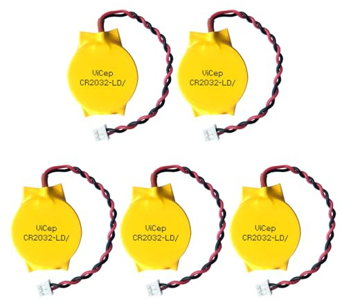 ViCep 5 Stück CR2032 CMOS Batterie mit Molex Stecker 3V BIOS Batterie | Ersatz für CMOS- und BIOS-Batterien in Motherboard, CR2032 mit 2-poligem Stecker und Anschlusskabel