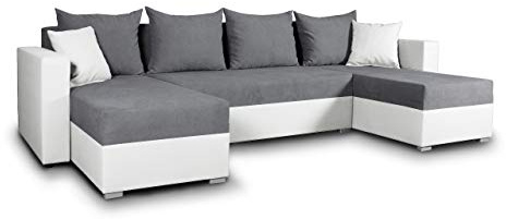 Wohnlandschaft mit Schlaffunktion Beno - U-Form Couch, Ecksofa mit Bettkasten, Couchgranitur mit Bettfunktion, Polsterecke, Big Sofa, Polstergarnitur (Weiß + Dunkelgrau (Cayenne 1111 + Enjoy 23))
