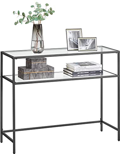 VASAGLE Konsolentisch, Eingangstisch, Sofaspitze, Tischplatte aus Hartglas, Metallrahmen, 2 Ebenen, verstellbare Füße, für Wohnzimmer, Eingang, Flur, Schwarz LGT025B01