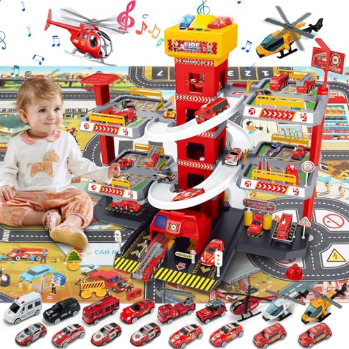 BuzzoXerex 5-stöckige Parkgarage für Kinder, Rennbahn mit 14 Spielzeugautos & 3 Hubschraubern, Parkhaus mit Aufzug, Autorennbahn & Licht‑Sound, Geschenk für Kinder 5–9 Jahre (Brandbekämpfung)