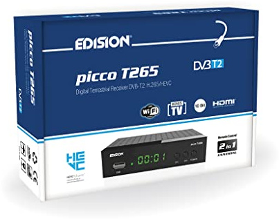 EDISION Picco T265 Full HD H.265 HEVC terrestrischer FTA Receiver T2, (1x DVB-T2, USB, HDMI, SCART, S/PDIF, IR Auge, USB Support, 2in1 Fernbedienung, Schwarz)