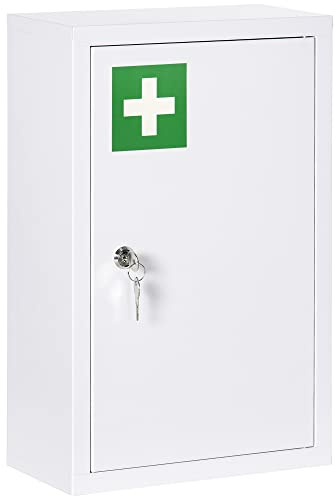 kleankin Medizinschrank, Apothekerschrank mit 3 Fächern, Medikamentenschrank, Abschließbarer Erste Hilfe Schrank mit 2 Schlüsseln, Stahl, Weiß, 30 x 14 x 46 cm