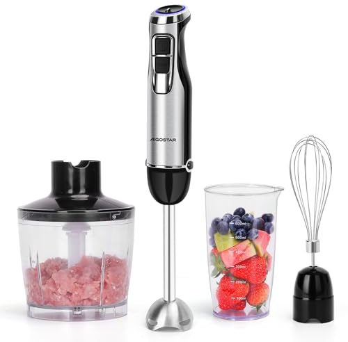 Aigostar Buckle - Stabmixer Set 4 in 1, Pürierstab Edelstahl 1000 W, Rührstab mit 6 Geschwindigkeiten, Zauberstab Mixer mit 600ml Messbecher, 500ml Lebensmittelhacker, 1 Schneebesen.