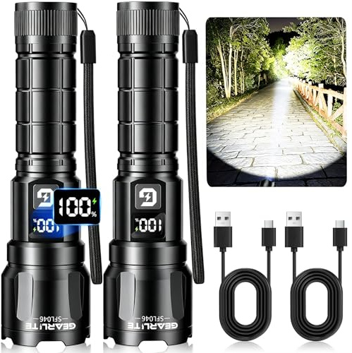 GEARLITE Taschenlampe LED Aufladbar, XHP70.2 Extrem Hell Led Taschenlampen, 6000Lumens, 3 Modi, LCD Display, Taktische Zoombares, IP65 Wasserdichte Flashlight für Camping Wandern, Notfäll (2 Stück)
