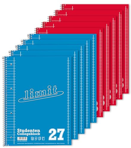 Limit Collegeblock A4 80 Blatt, 5 kariert und 5 liniert mit Rand, 10 Stück - ideal für Studenten, Schüler und Büro