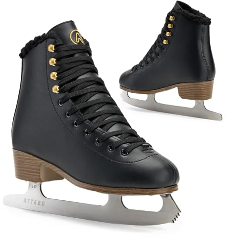 ATTABO Eiskunstlauf Schlittschuhe Damen ISLA Schwarz Größe 37-41EU Edelstahlkufe Ideal für Anfänger oder Fortgeschrittene PVC Obermaterial Starker Knöchelschutz und Stabilität beim Fahren auf dem EIS