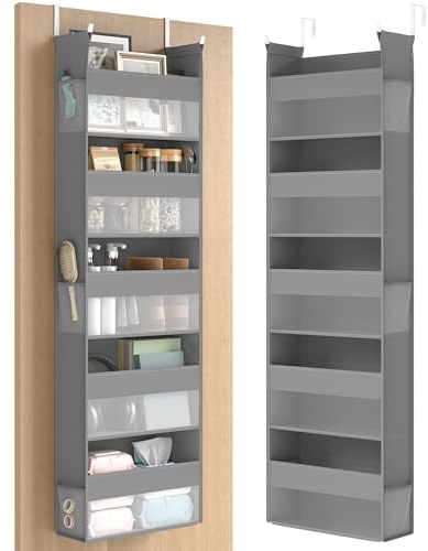 SONGMICS Hängeorganizer, Hängeregal, Tür-Organizer, Hängeaufbewahrung, Türregal Stoff, transparentes Nylonnetz, faltbar, Metallhaken, Seitentaschen, Taubengrau RDH007G01