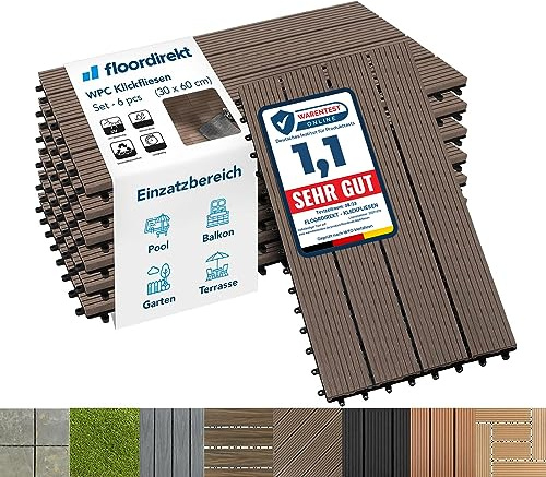 Floordirekt WPC Fliesen 60x30 cm, 1m² = 6 Terrassenfliesen, Klickfliesen, Balkonfliesen in Holzoptik - Bodenbelag für Balkon & Terrasse - wetterfest mit Drainagefunktion | Dunkelbraun | Royal