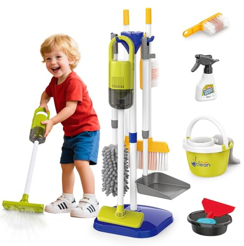 Kinderstaubsauger Mit Saug und Soundfunktion,14pcs Kinder Reinigung Set, Putzset Kinderbesen Set Spielzeug für Kleinkinder, Spielzeug für die Hausreinigung für Jungen Mädchen ab 3 Jahren (Blau)