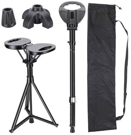 HISUEKIG Gehstock mit Sitz, Tragbarer Klappstock mit Kissen und Tragetasche für Senioren und Erwachsene, Verstellbarer Wanderkanalstuhl mit Sitzkapazität 250kg für Outdoor Reisen, Camping, Wandern