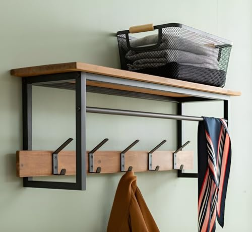 Garderobe Industrial 5 Doppelhaken, Ablage, Wandgarderobe, Flurgarderobe | Garderobenleiste aus Holz & Metall, schwarz, Kleiderhaken, Garderobenhaken