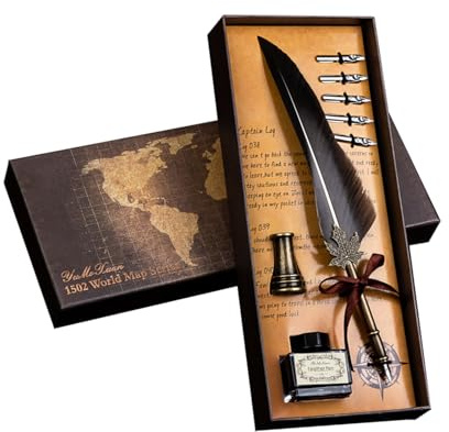 WSeltrium Füllfederhalter im alten Stil aus grauer Feder – Kalligrafie-Set mit 6 Spitzen, Metallständer – elegante Geschenkidee für Weihnachten, Party oder Geburtstag
