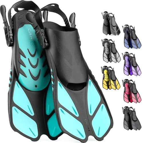 CAPAS Schnorchelflossen, Schwimmflossen Reisegröße Kurz Einstellbar zum Schnorcheln Tauchen Erwachsene Männer Frauen Kinder Offene Ferse Tauchflossen (Grün, S/M)