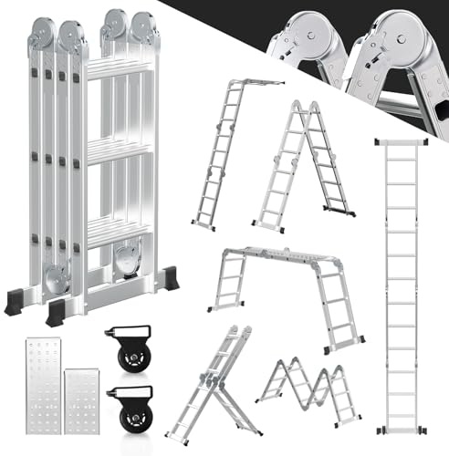 Ansobea 3.6M Aluminium Mehrzweckleiter 4x3 Stufen,Multifunktionsleiter mit plattform, Alu Leiter mit 2 Gerüstplatten, Klappleiter 16 Stufen, Trittleiter bis 150 kg, Haushaltsleiter Silber