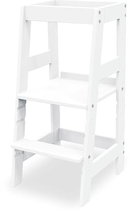 PINOLINO Fino Lernturm in Weiß aus massiver Buche | Montessori Küchenhelfer I Höhenverstellbarer Learning Tower mit Rausfallschutz I Tritthocker I Ab dem Stehalter