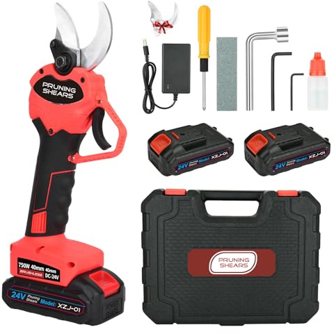 40 mm Akku Astschere: Elektrische Gartenschere 3000 mAh x2, SK5 rostfrei mit Sicherheitsverriegelung für Obstbäume, Sträucher & Gartenpflege （Rot）