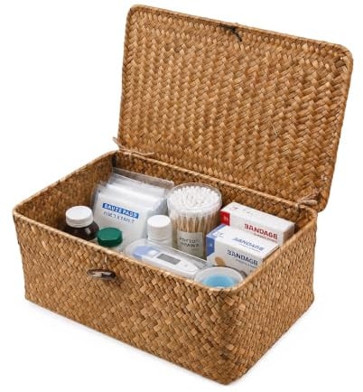 Aufbewahrungskorb aus Geflochtenem Rattan Korb Seegras Korb mit Deckel | Patentiertes Produkt Handgeflochten mit Stabilem Drahtgestell Wäschekörbe Make-up-Organizer für Badezimmer Küche Schlafzimmer