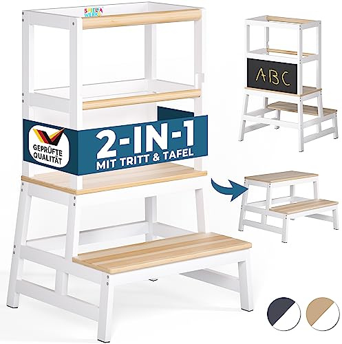 Spielwerk® Lernturm ab 2 Jahren Kinder mit Tafel Montessori 93cm Hoch Learning Tower 100kg Belastbar Trittschemel Kiefer Lernstuhl Küche Weiß Holz