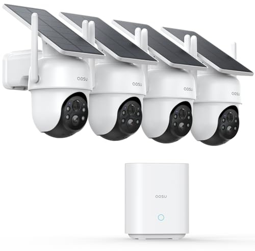AOSU 2K Überwachungskamera Aussen Solar Akku, 4 Cam-Kit & aosuBase, Ohne Abonnement, 360° Panorama Kabellose Kamera, 32GB Lokaler Speicher, Auto-Tracking, Farb-Nachtsicht, 2 Wege Audio, 5G & 2.4G WLAN