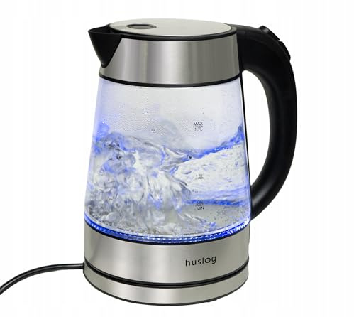 Huslog Elektrischer Wasserkocher Glas 1,7L 2200W LED Licht glaswasserkocher aufklappbarer Deckel klassisch design Edelstahl Silber On/Off Knopf drehbarer Sockel