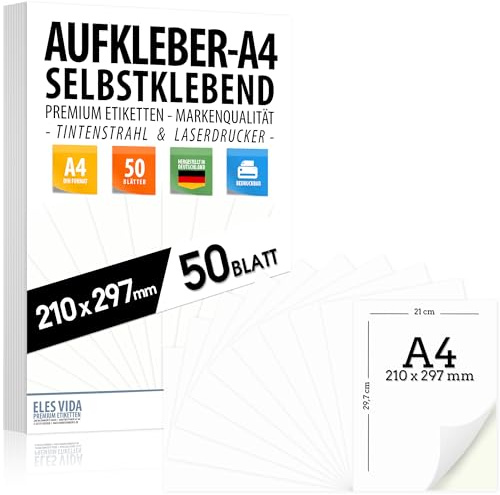 Selbstklebende DIN A4 Etiketten 50 Stück 210x297 mm, universell bedruckbar | Matte weiße Oberfläche, kompatibel mit Inkjet- und Laserdruckern, Aufkleber für vielseitige Anwendungen - MADE IN GERMANY