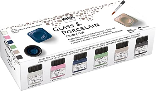 KREUL 16602 - Glass & Porcelain Set Chalky, 6 x 20 ml in weiß, rosa, blau, grün, braun und grau sowie ein Pinsel, sanft - matte, deckende Glas- und Porzellanmalfarbe auf Wasserbasis