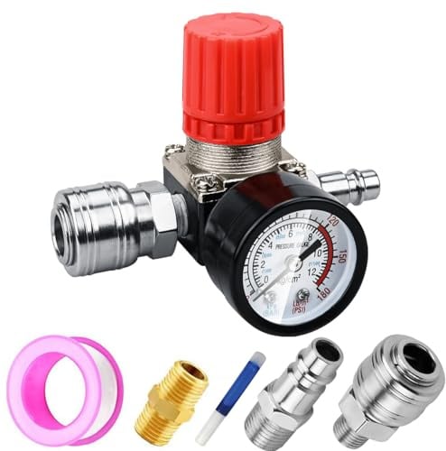 1/4 Druckminderer, Preciva EU-Standard Druckregler Druckregelventil Druckschalter Regelventil Druckschaltventil mit Manometer 175 PSI für Luftverdichter, Luftkompressor - 3 Löcher