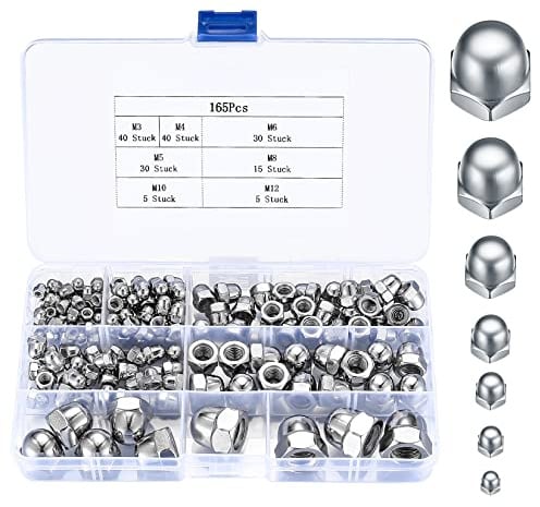 165 Stk Hutmuttern hohe Form Set, M3/M4/M5/M6/M8/M10/M12 Sechskant Hutmuttern Edelstahl, mit Aufbewahrungsbox