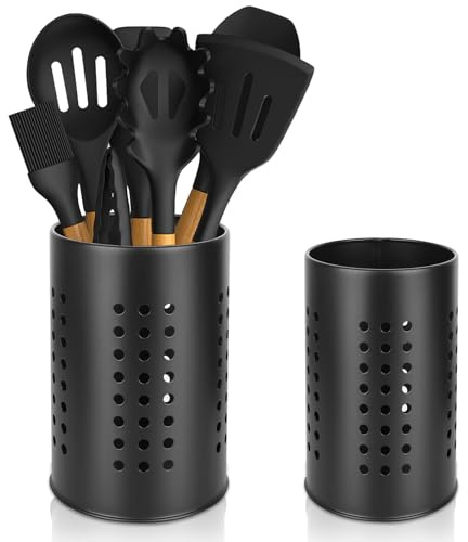 Küchenutensilienhalter für Arbeitsplatte, 2 Stück Küchenutensilien Organizer aus Edelstahl, Runder Besteckkorb, Edelstahl Schwarze Utensilien Caddy für die Arbeitsfläche, Küchen Aufbewahrung