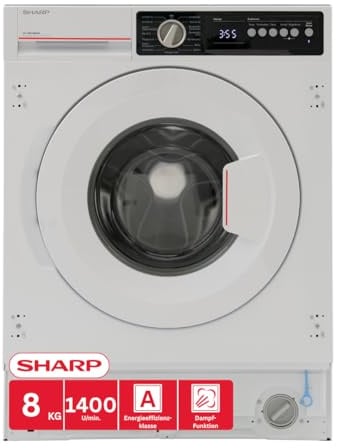 Sharp ES-NIB814BWNA-DE Einbau-Waschmaschine, A (A bis G), 8 kg, 1400 U/min., Advanced Inverter Motor, Dampf, 15 Programme inkl. 15 Min. Kurzprogramm, AquaStop, Weiß