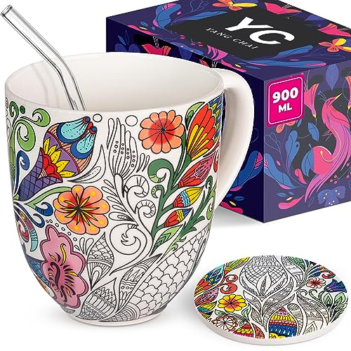 YC YANG CHAI Jumbotasse 900ml - große Tasse aus Knochen Porzellan - XXL Teetasse Geschenkset mit Untersetzer - Tasse Geschenk - Jumbobecher, Riesen Becher für Tee, Kaffee, Kakao, Latte, Milchkaffee