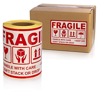 MD Labels Warnetiketten auf Rolle 90x150mm- 100 Stück- FRAGILE- handle with care – keep dry – don’t stack or drop- this way up- selbstklebendes Papier- versandetiketten