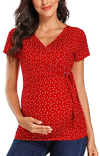 Damen Stillshirt Kurzarm V-Neck Umstandsshirt mit Stillfunktion, Soft Nursing Top für Schwangere