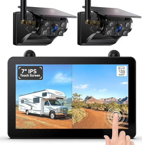 7 Zoll Rückfahrkamera Kabellos Dual Solar Magnetische Rückfahrkamera | 1080P Touchscreen IPS Monitor, 12000mAh Akku, 1-Min Einrichtung, IP69K Wasserdicht für Wohnmobile,Anhänger und LKWs