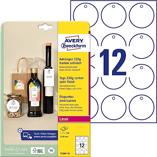 AVERY Zweckform T2004-10 stabile Anhänger 120 Stück inkl. Schnüre (⌀60mm auf A4, beidseitig bedruckbare Produktanhänger, extra glatte Kanten, runde Geschenkanhänger, Preisanhänger) Karton 220g, weiß