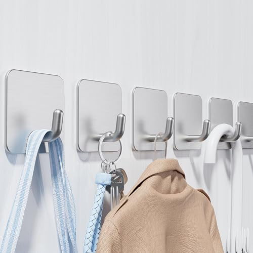 Aikzik Handtuchhalter ohne Bohren, 6er Set, Badezimmer Handtuchhalter aus Edelstahl, Klebehaken extra stark, Selbstklebend Haken für Bad und Küche