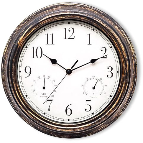 SUNOYA Gartenuhr Wetterfest, 30cm Wasserdicht Wanduhr mit Thermometer und Hygrometer, Retro Wanduhr für Drinnen Und Draußen, Außenuhren für Badezimmer Garten Küche Verandas, Ohne Tickgeräusche